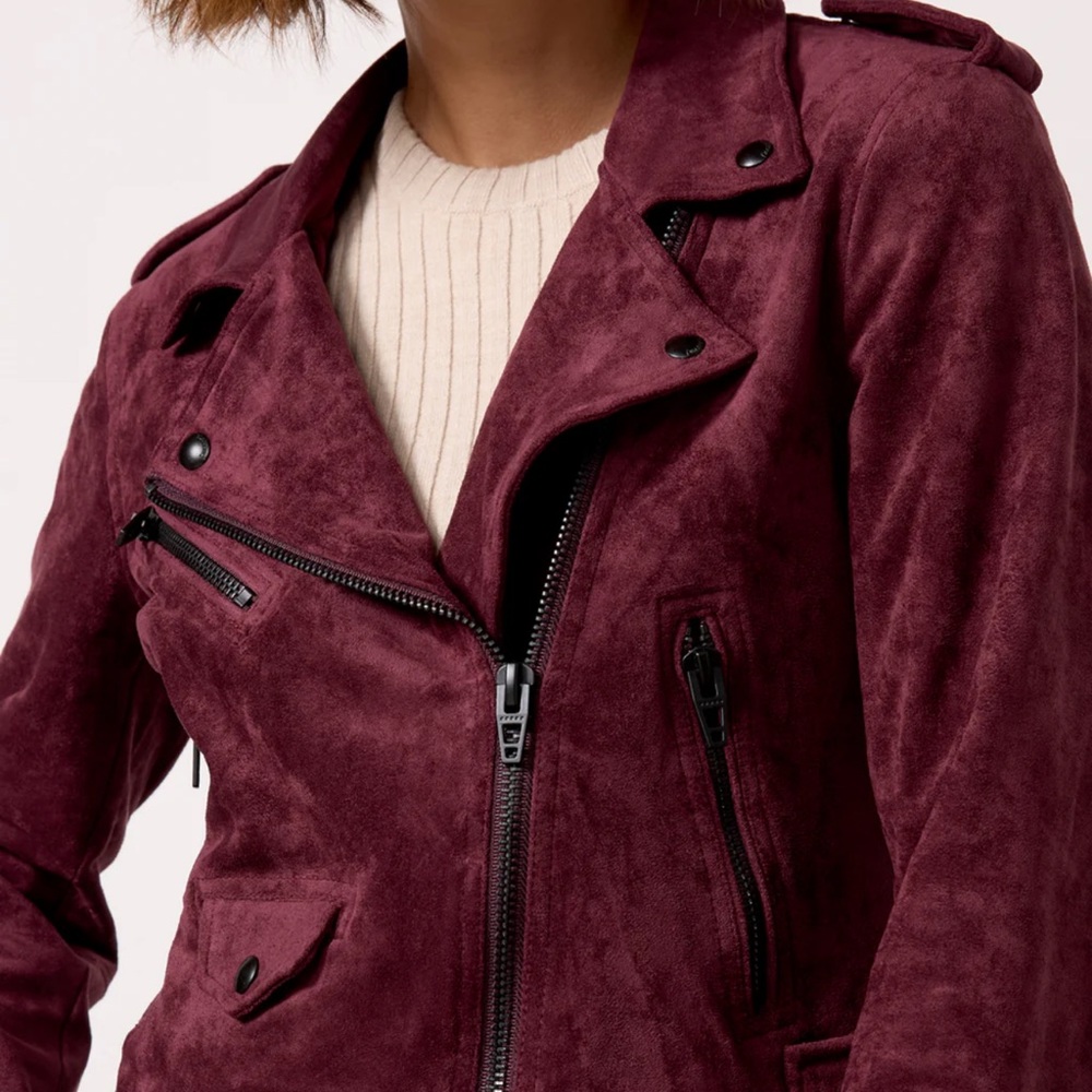 Blank NYC Red Leather Jacket with Moto Style and Asymmetrical Zipper
